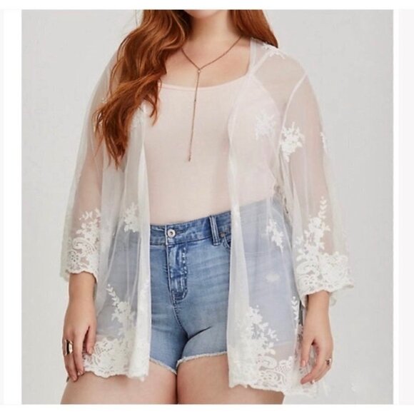 Torrid Ivory Embellished Fringe Mesh Kimono Size 1x-2x - Picture 1 of 12